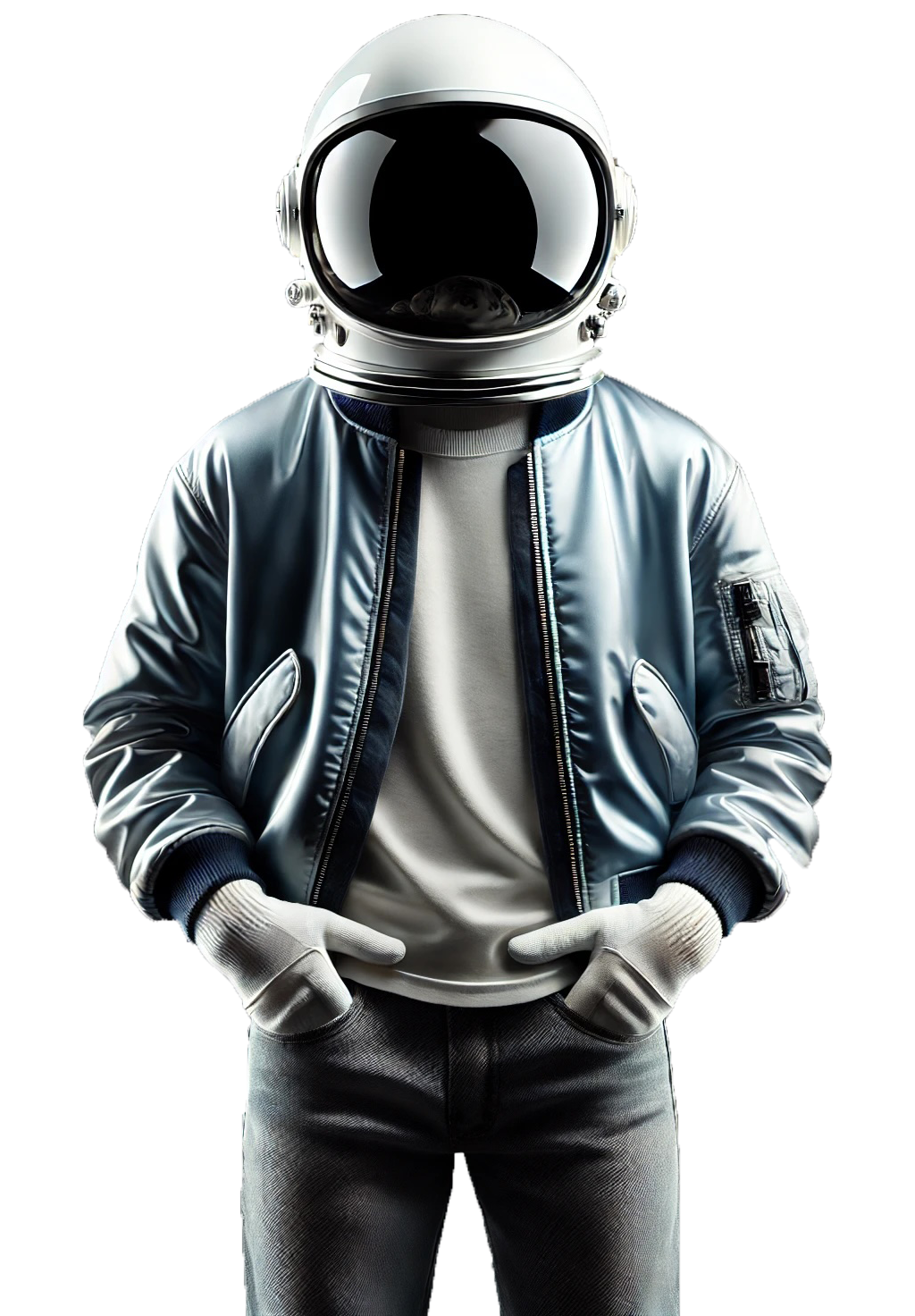 Uncle Retro wearing his astronaut helmet, blue bomber jacket, white-tshirt, white gloves, and dark gray denim jeans.